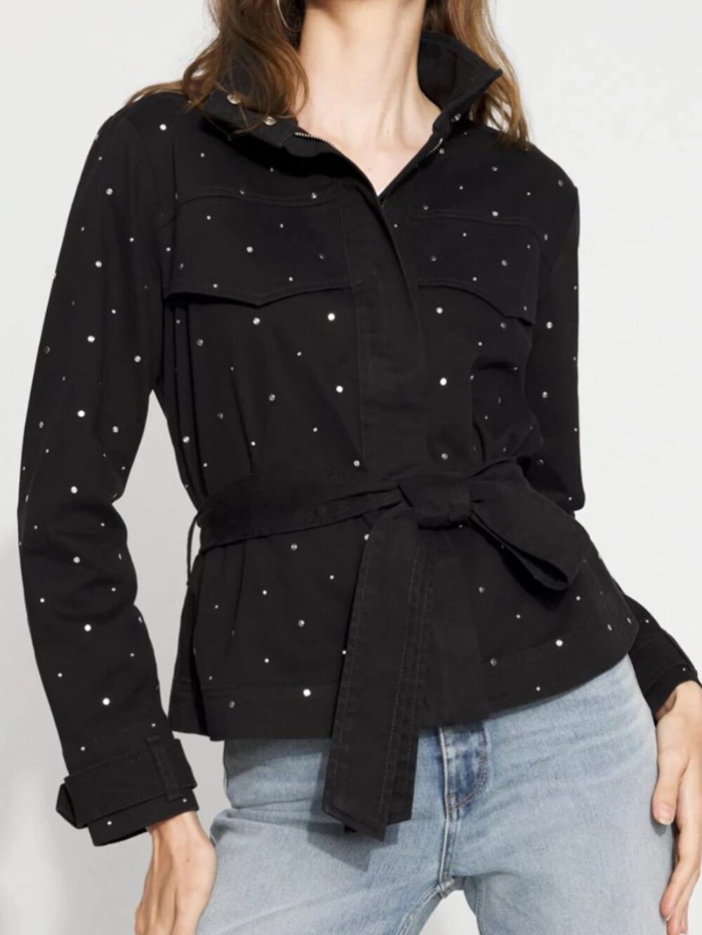 NEW white house black market studded pret black denim jacket m